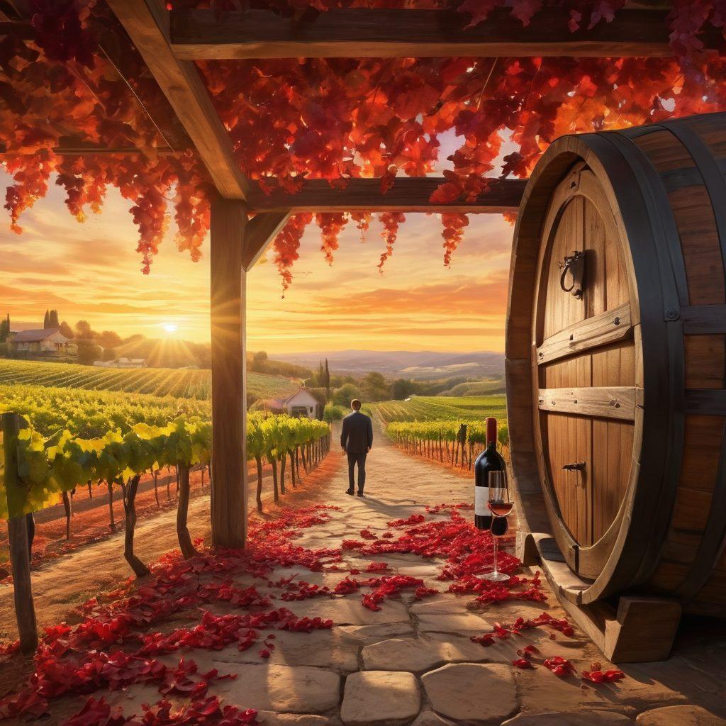 A beautiful vineyard landscape at sunset, with rows of grapevines leading towards a rustic wooden wine cellar. In the foreground, a sommelier is inspecting a wine glass filled with a rich red wine, surrounded by various wine bottles and swirling leaves. The scene captures the essence of wine tasting, showcasing both nature and craftsmanship. warm colors. artistic depth of field. painting.