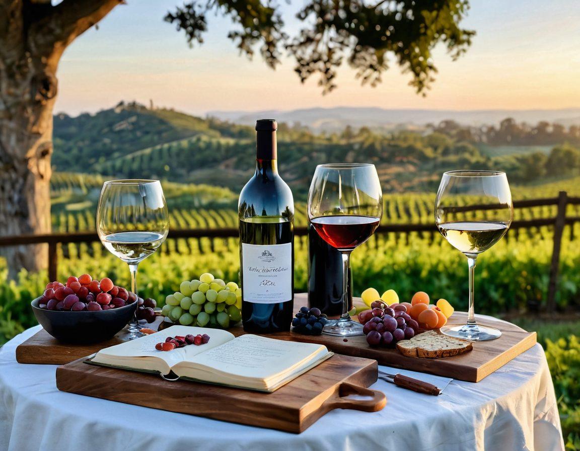 A beautifully arranged wine tasting table featuring a variety of elegant wine glasses filled with red and white wine, flanked by lush green vineyards in the background under a clear blue sky. Include an open notebook with tasting notes, artisanal cheese and charcuterie, and a bottle of vintage wine prominently displayed. A soft golden sunset casts a warm glow over the entire scene, inviting the viewer to experience the essence of wine culture. super-realistic. vibrant colors. warm tones.
