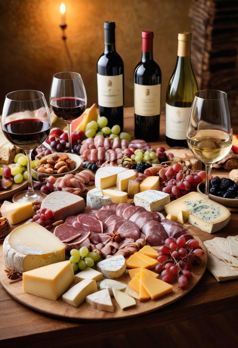 A beautifully arranged table setting featuring various wine bottles and glasses, surrounded by an array of gourmet foods like cheese, fruits, and charcuterie. Soft, warm lighting creates an inviting atmosphere, with a background of luscious vineyards. Include a wine cork and an open book on wine pairing tips to enhance the educational aspect. elegant and stylish. vibrant colors.
